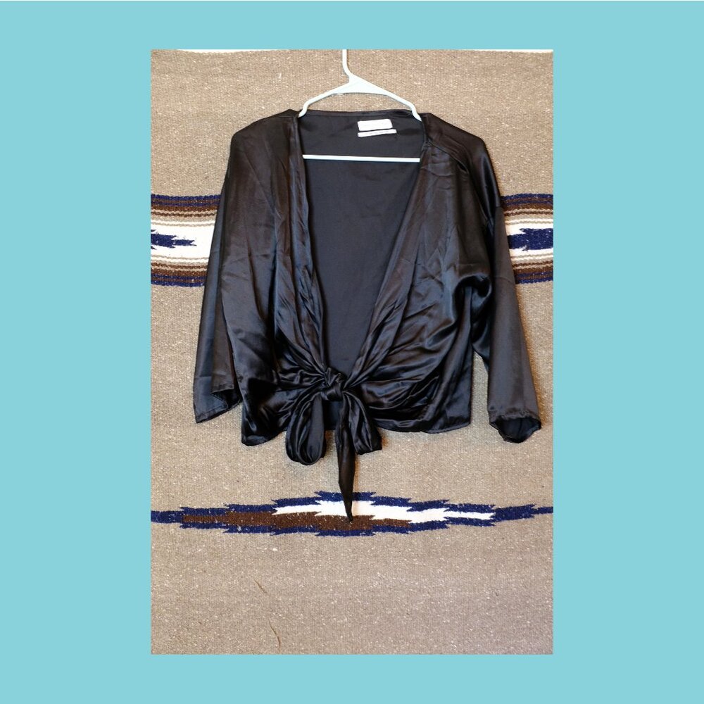 Urban outfitters black satin silky front tie blouse small